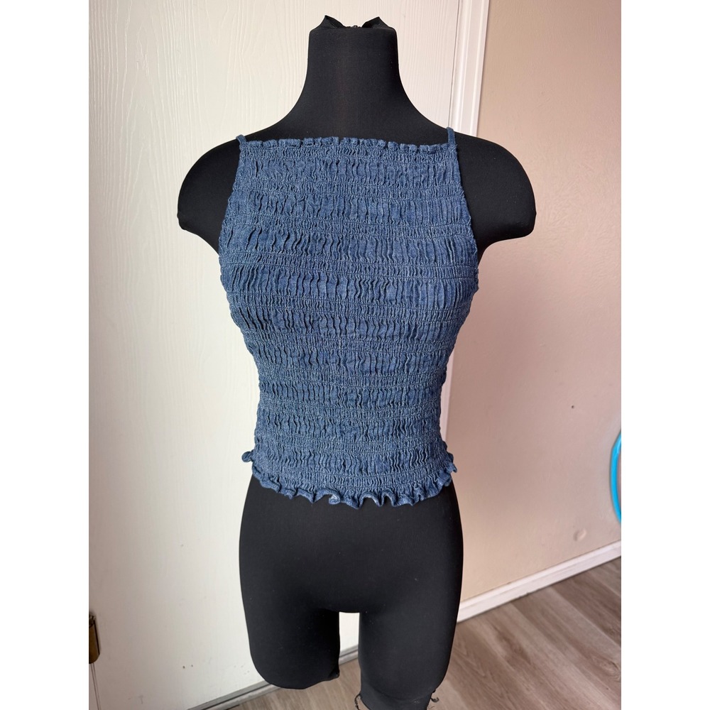 Madewell Smocked Cami Tank Top Blue Denim Look Square Neck Crop Small